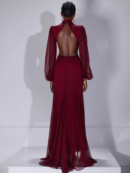 Mesh Cut-Out Waist High-Neck Maxi Dress