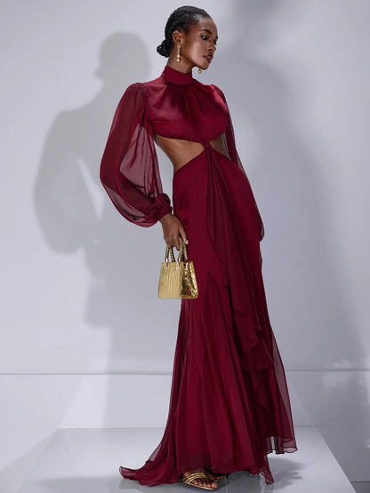 Mesh Cut-Out Waist High-Neck Maxi Dress