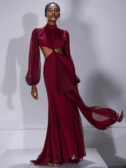 Mesh Cut-Out Waist High-Neck Maxi Dress
