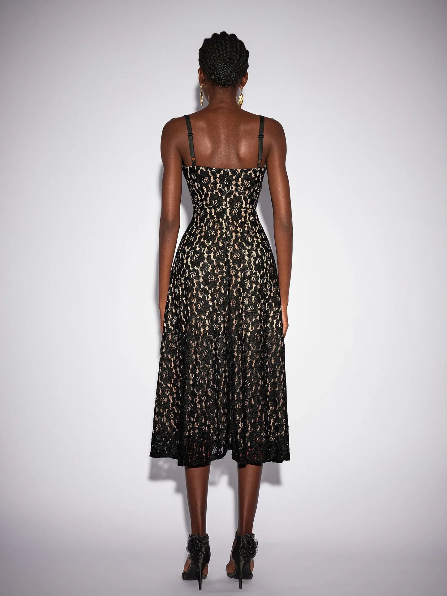 Black Mesh Patchwork Camisole Midi Dress