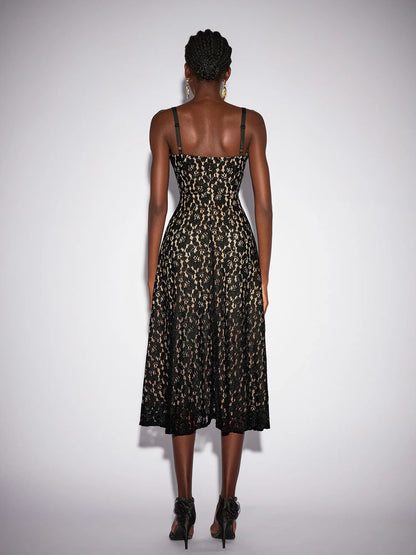 Black Mesh Patchwork Camisole Midi Dress