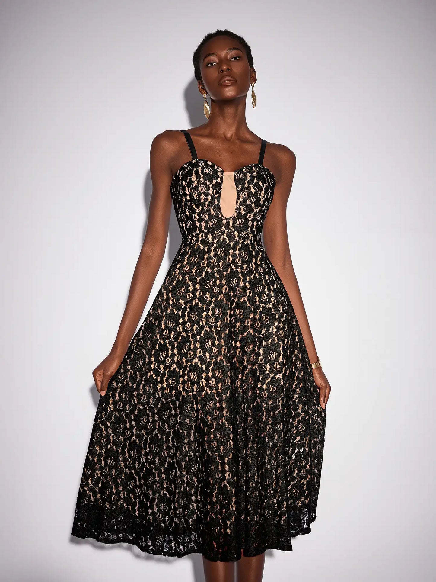 Black Mesh Patchwork Camisole Midi Dress