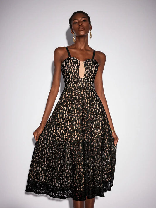 Black Mesh Patchwork Camisole Midi Dress