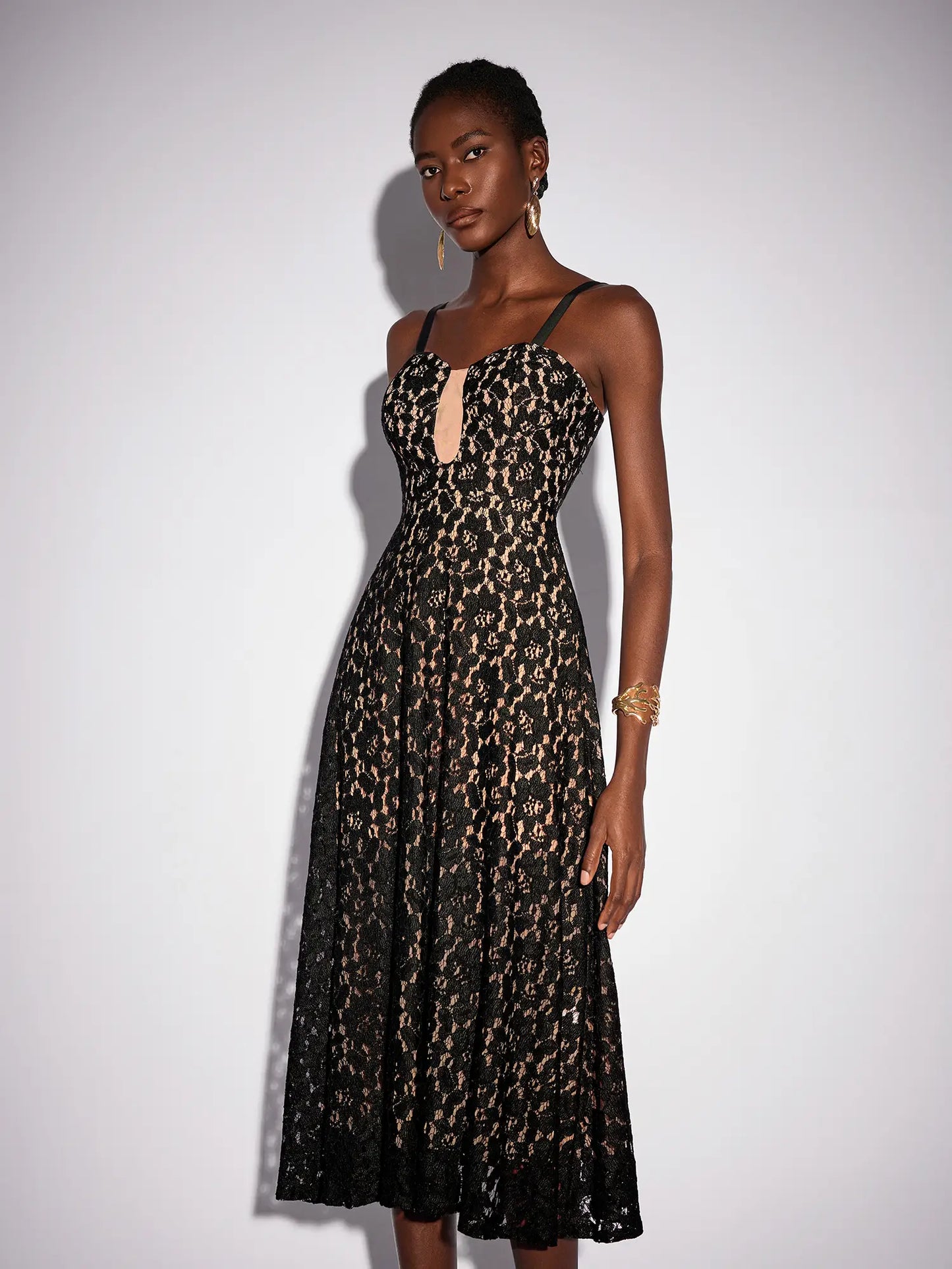 Black Mesh Patchwork Camisole Midi Dress