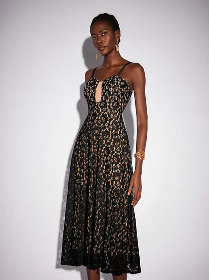Black Mesh Patchwork Camisole Midi Dress