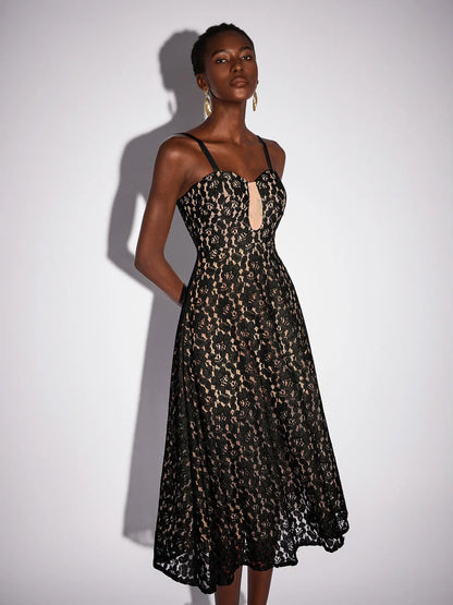 Black Mesh Patchwork Camisole Midi Dress