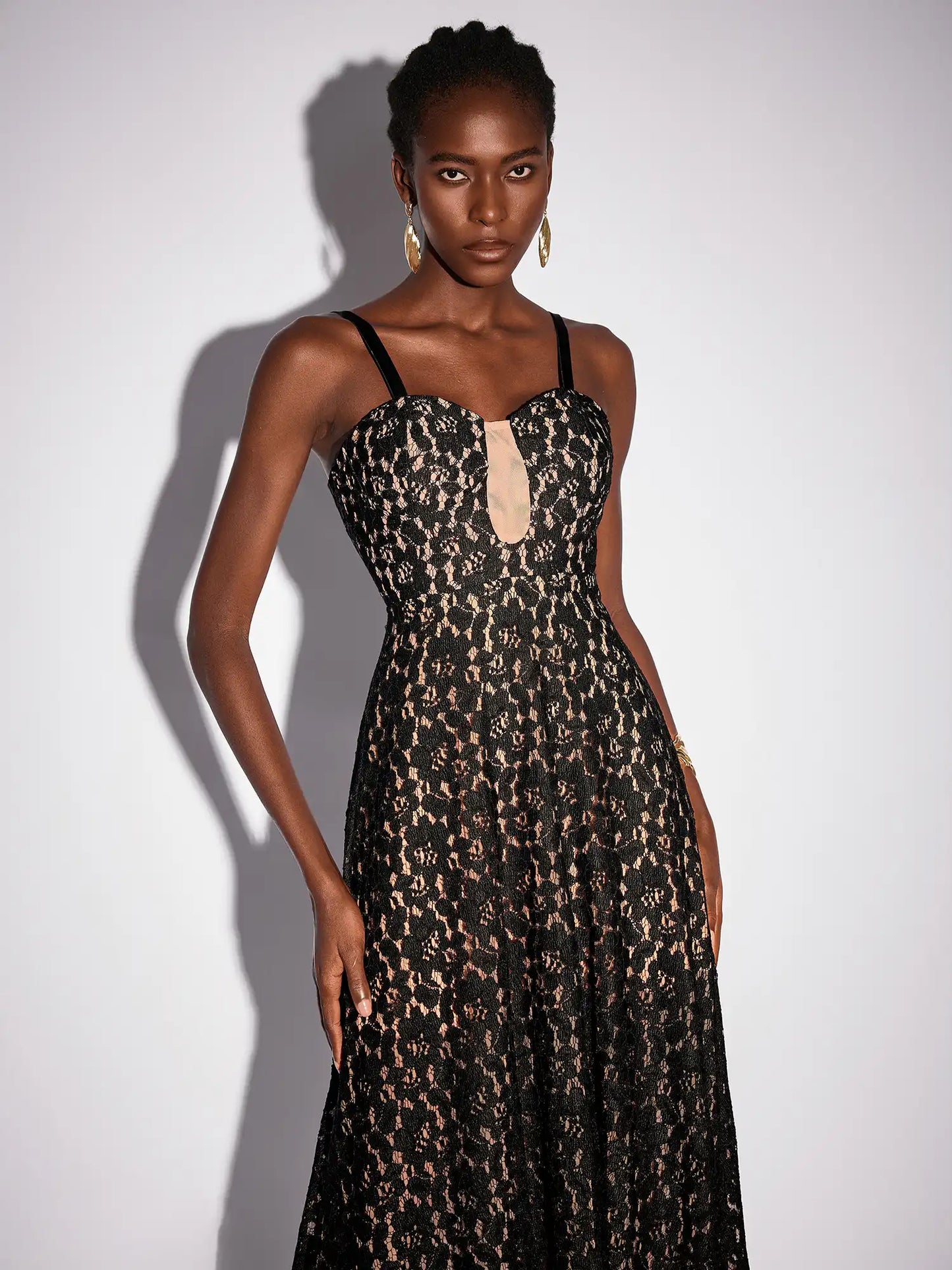 Black Mesh Patchwork Camisole Midi Dress