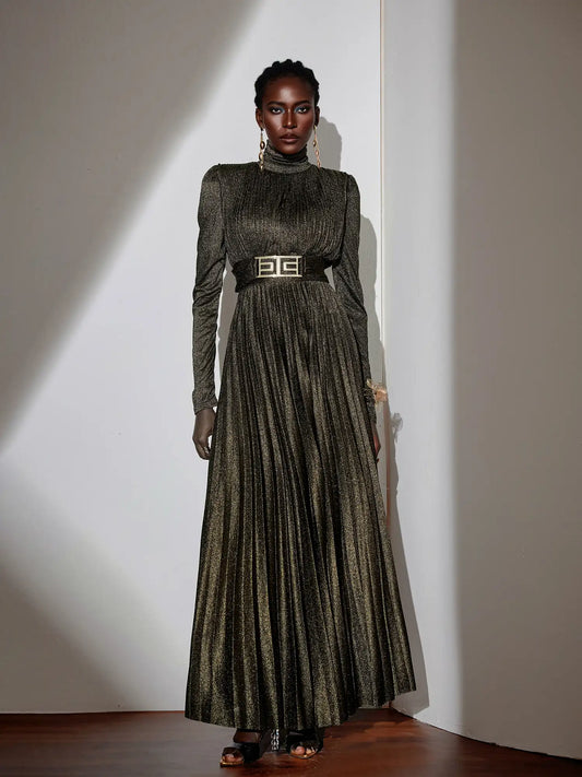 Metallic Pleated High-Neck Maxi Dress