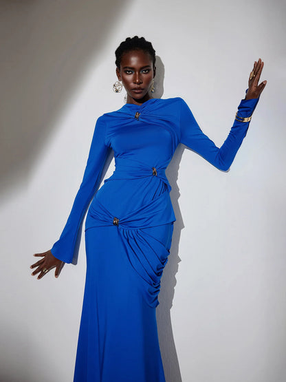 Metallic Ruched Tie Detail Bodycon Maxi Dress