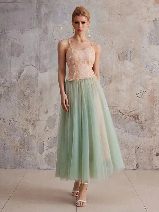 Mint-Gradient Lace Sheer Midi Dress