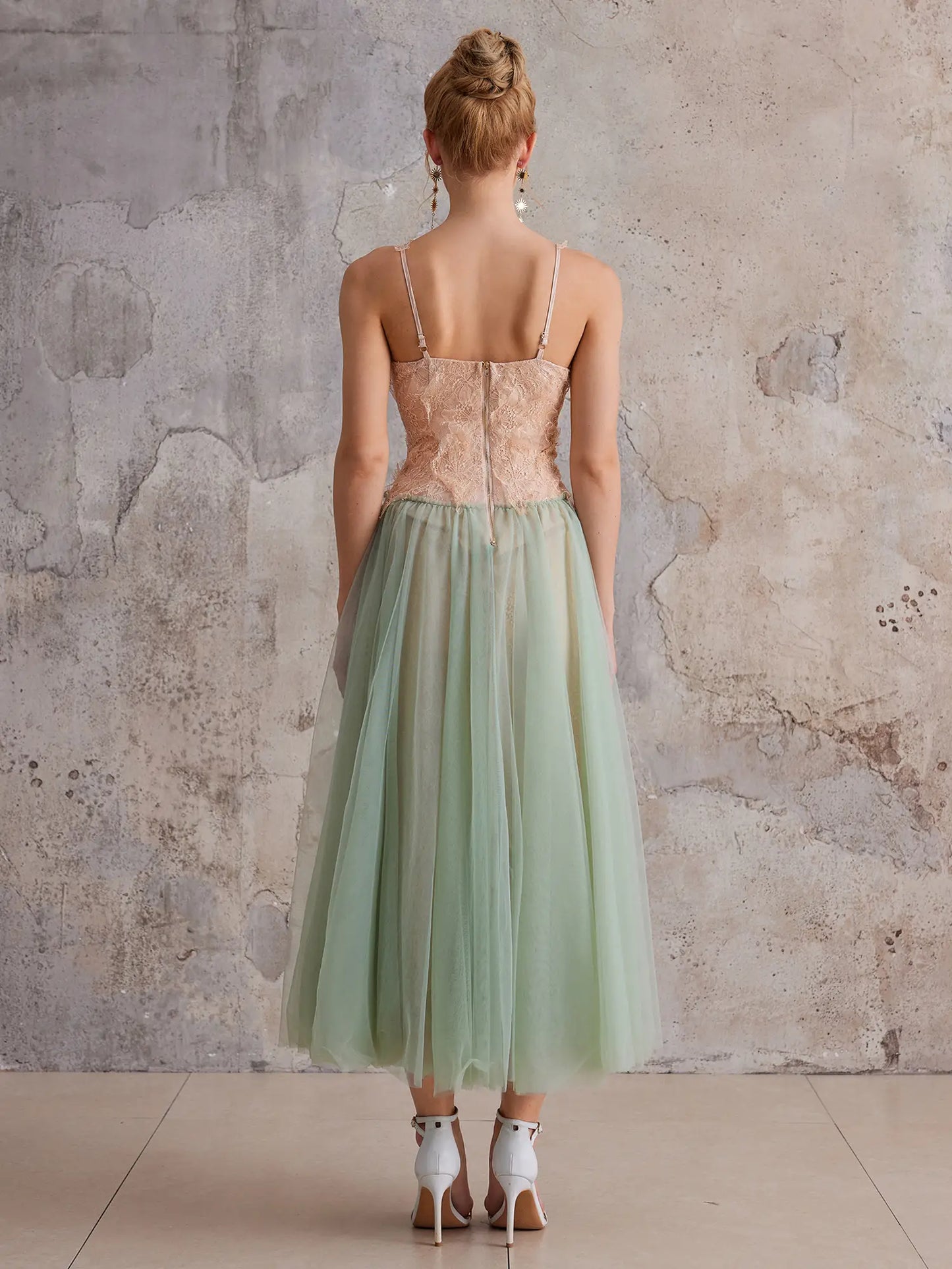 Mint-Gradient Lace Sheer Midi Dress