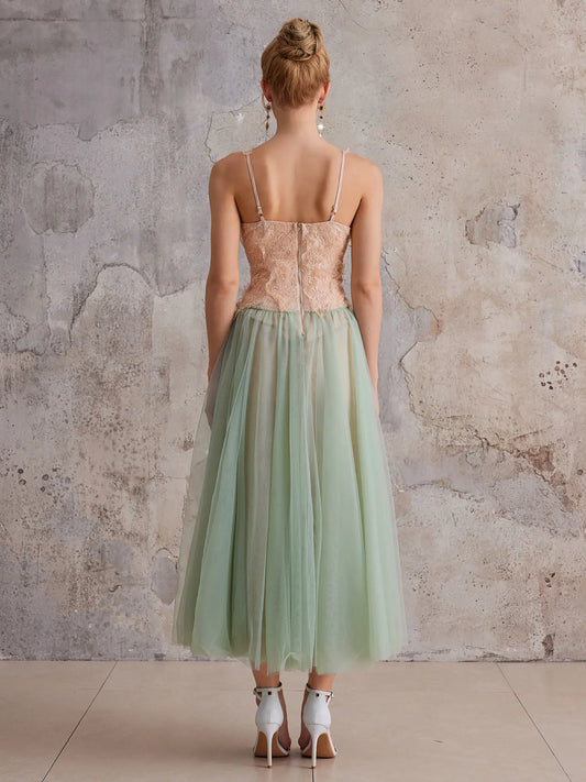 Mint-Gradient Lace Sheer Midi Dress