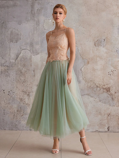 Mint-Gradient Lace Sheer Midi Dress