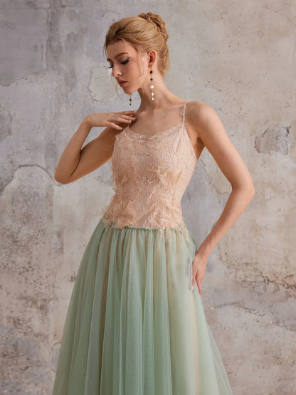 Mint-Gradient Lace Sheer Midi Dress