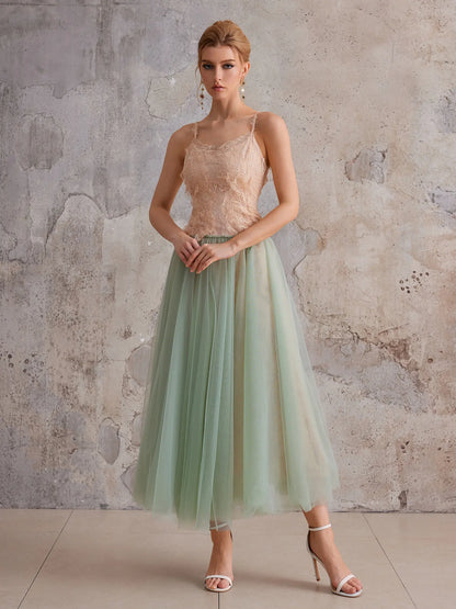 Mint-Gradient Lace Sheer Midi Dress