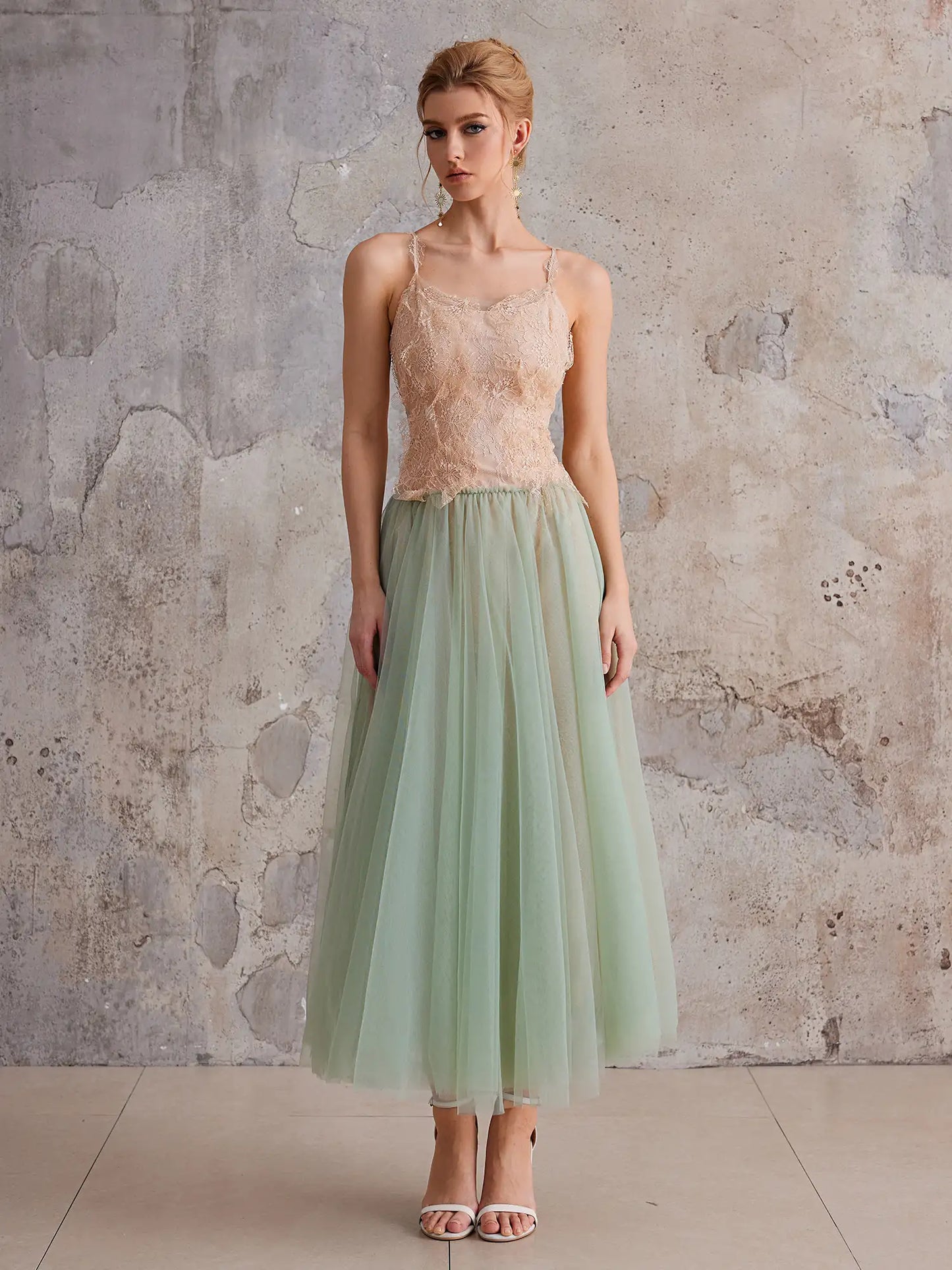 Mint-Gradient Lace Sheer Midi Dress