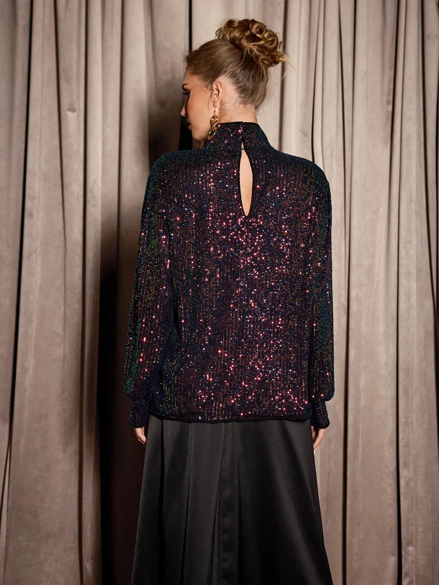 Multicolor Sequin High Neck Party Top