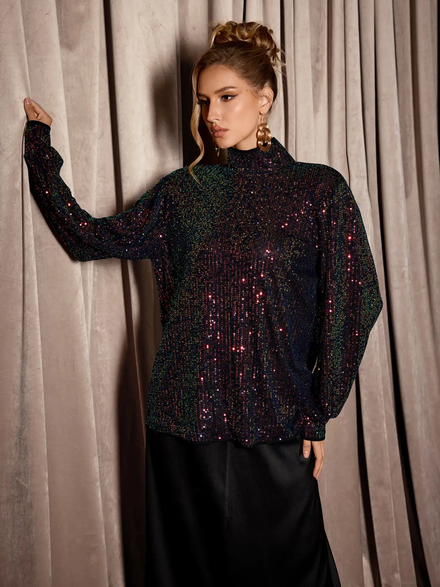 Multicolor Sequin High Neck Party Top