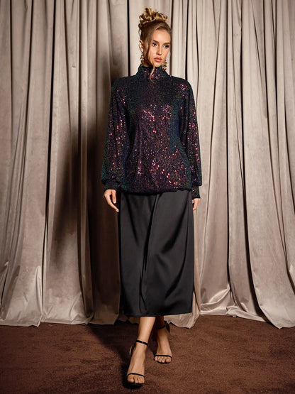 Multicolor Sequin High Neck Party Top