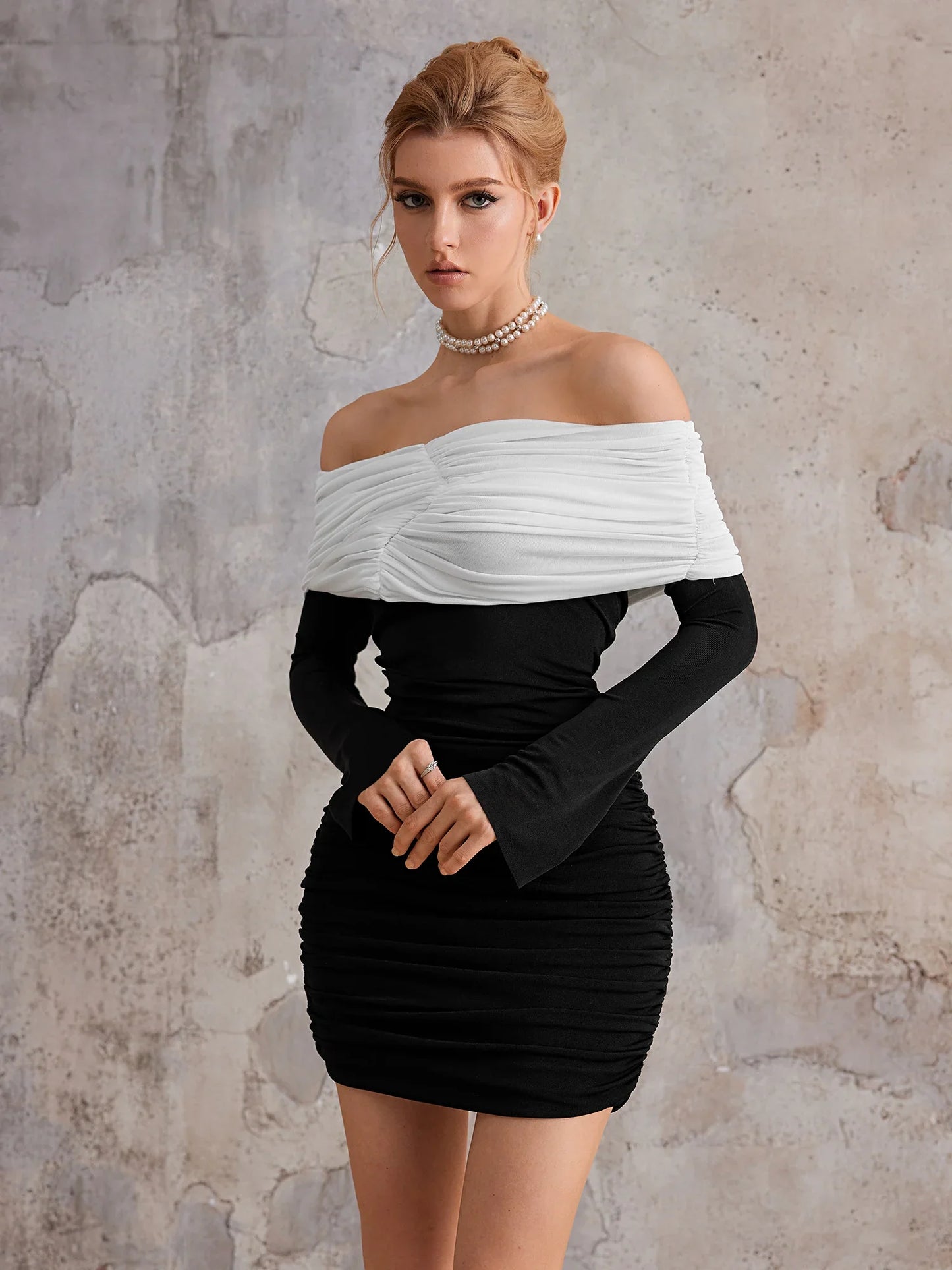 Off-Shoulder Colorblock Mini Ruffle Dress