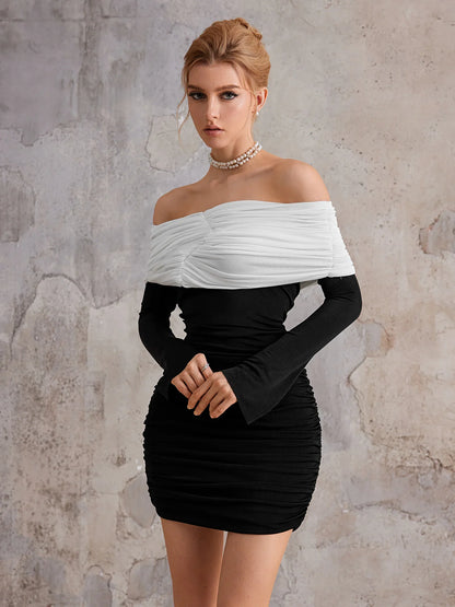 Off-Shoulder Colorblock Mini Ruffle Dress
