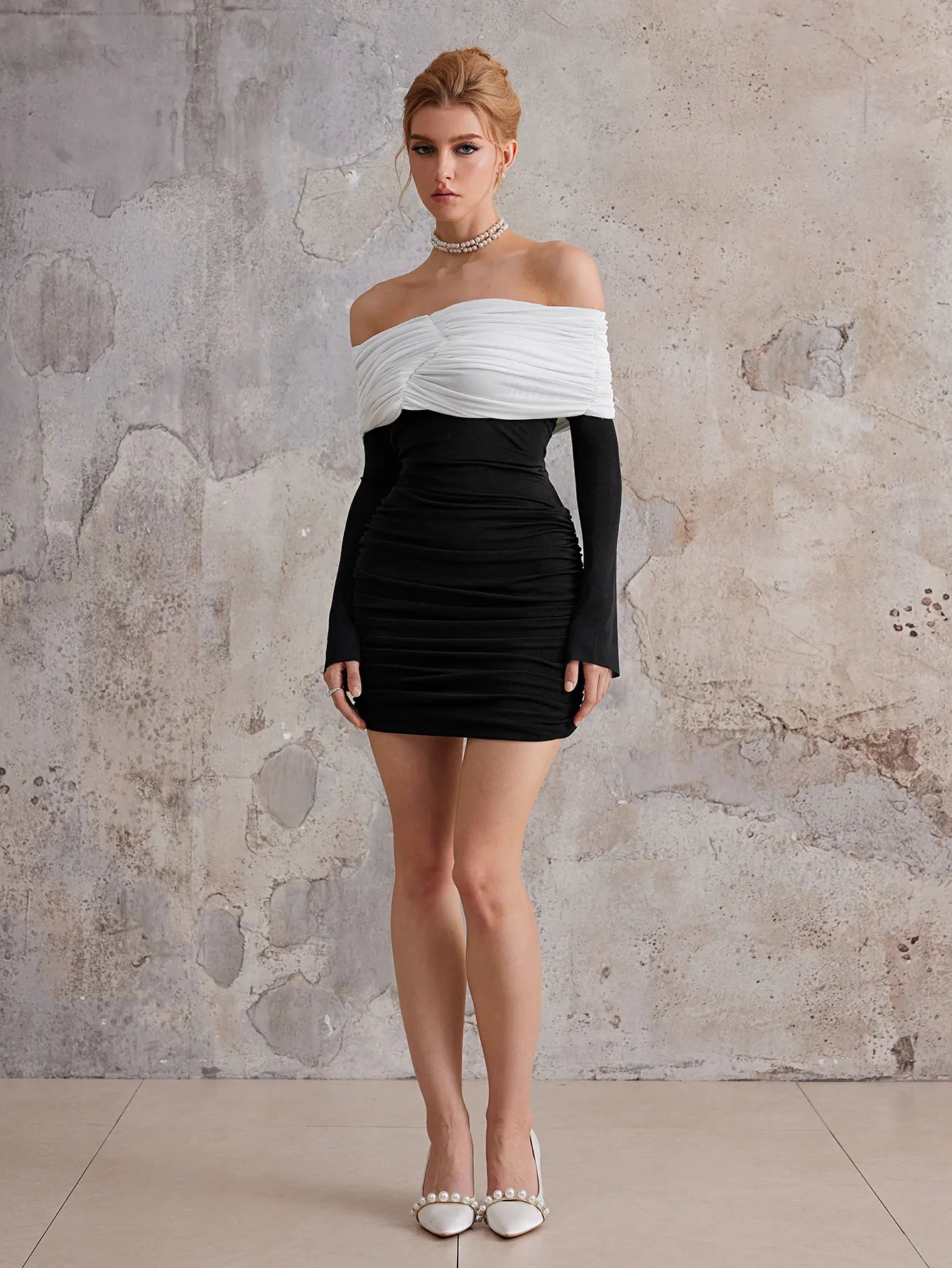 Off-Shoulder Colorblock Mini Ruffle Dress