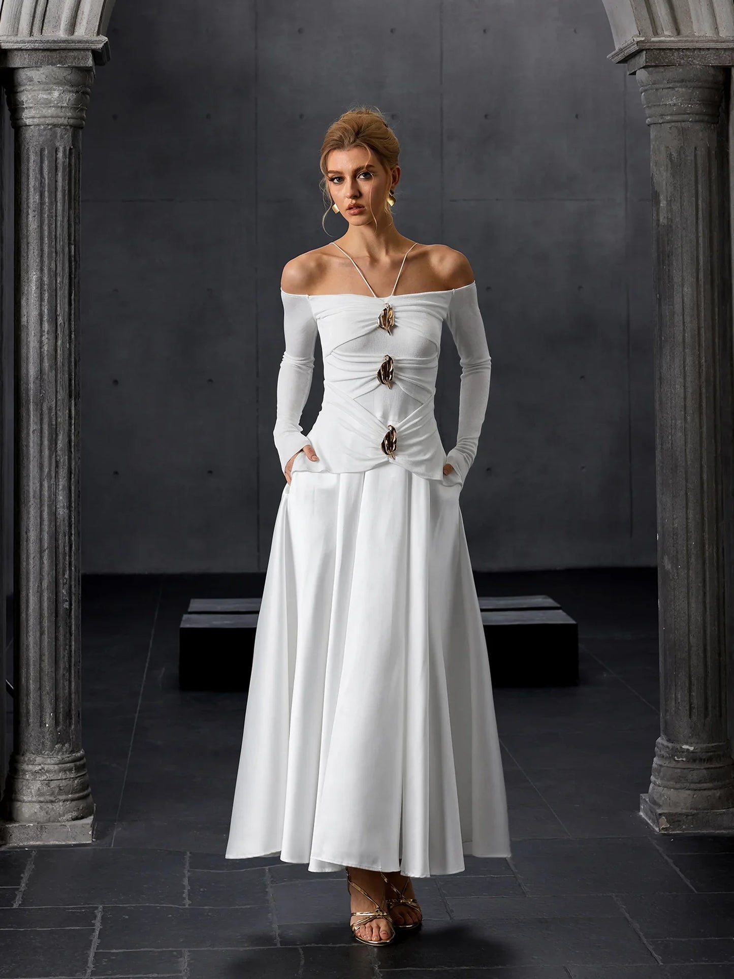 Off-Shoulder Metal-Accent Maxi Dress