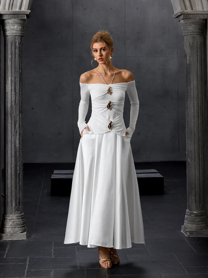 Off-Shoulder Metal-Accent Maxi Dress