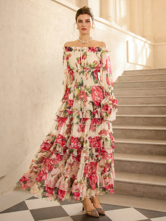Off Shoulder Rose Print Elegant Midi Dress