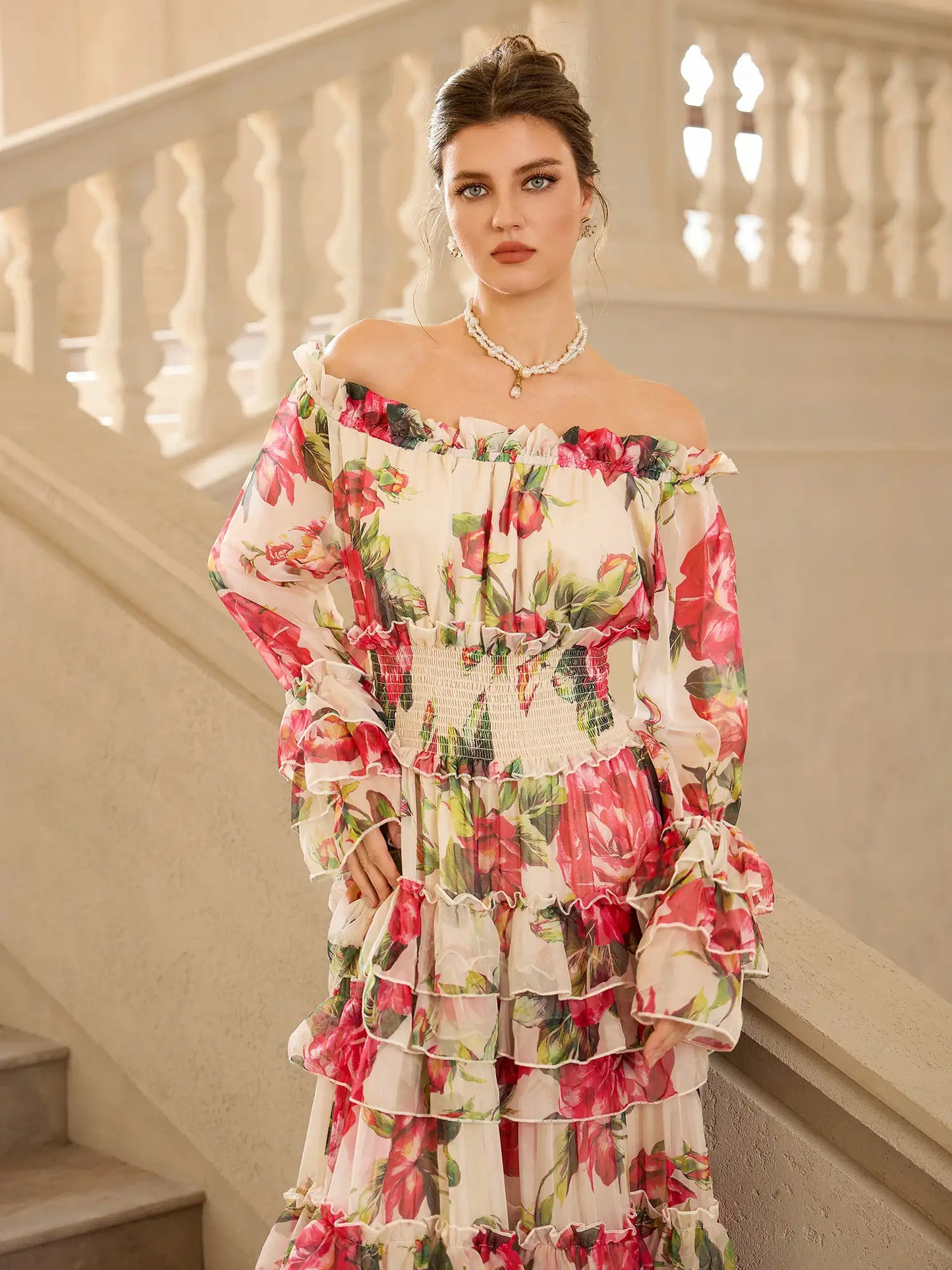 Off Shoulder Rose Print Elegant Midi Dress