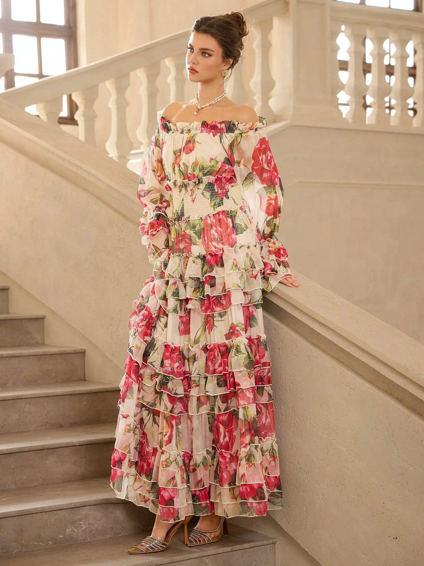 Off Shoulder Rose Print Elegant Midi Dress