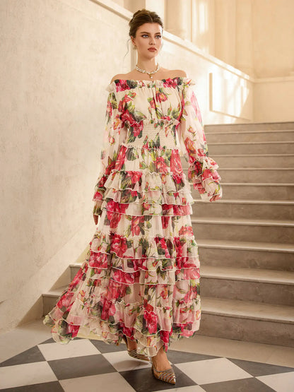 Off Shoulder Rose Print Elegant Midi Dress