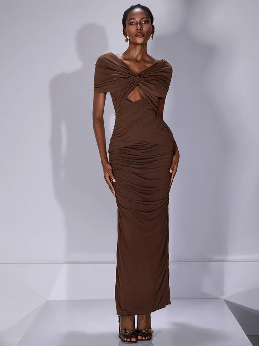 Off Shoulder Twist Front Cutout Maxi Dress