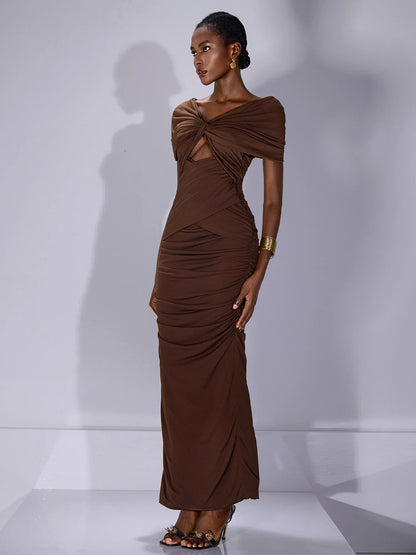 Off Shoulder Twist Front Cutout Maxi Dress