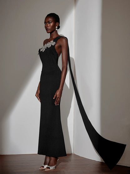 One-Shoulder Tie Strap Floral Maxi Dress