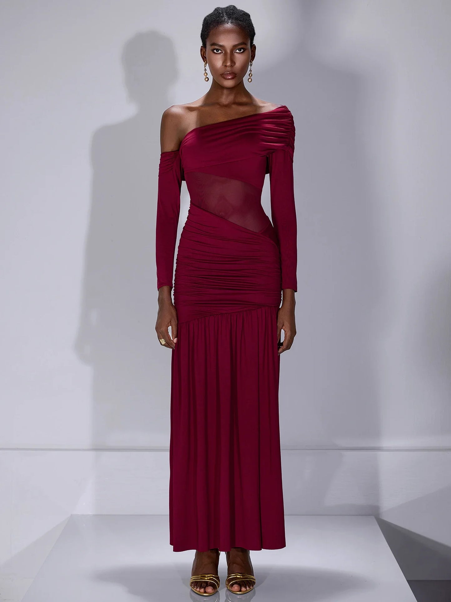 One Shoulder Asymmetric Mesh Maxi Dress