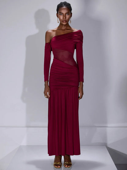 One Shoulder Asymmetric Mesh Maxi Dress