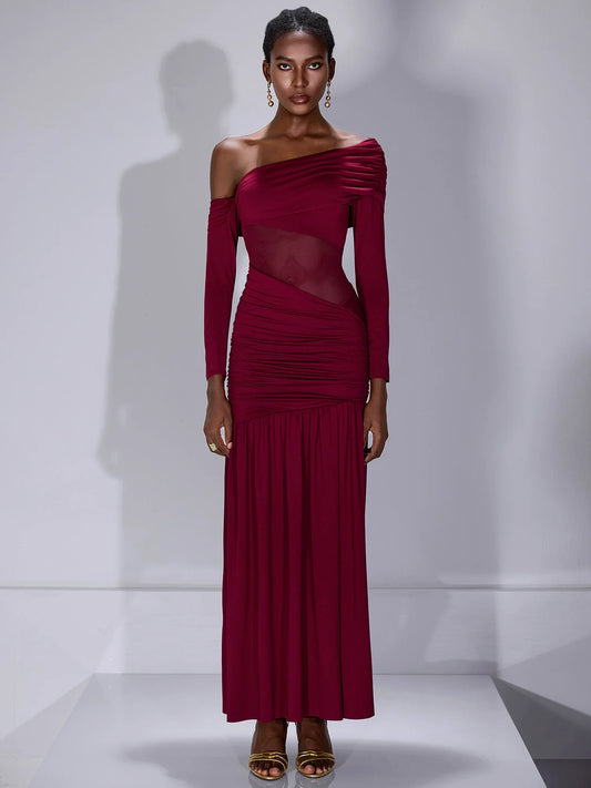 One Shoulder Asymmetric Mesh Maxi Dress