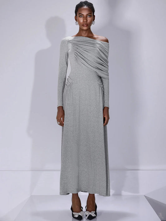 One Shoulder Asymmetric Ruched Maxi Dress