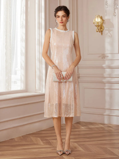 Pearl-Trimmed Round-Neck Corset-Waist Midi Dress