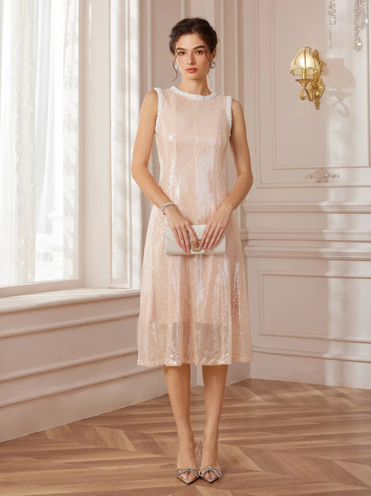 Pearl-Trimmed Round-Neck Corset-Waist Midi Dress