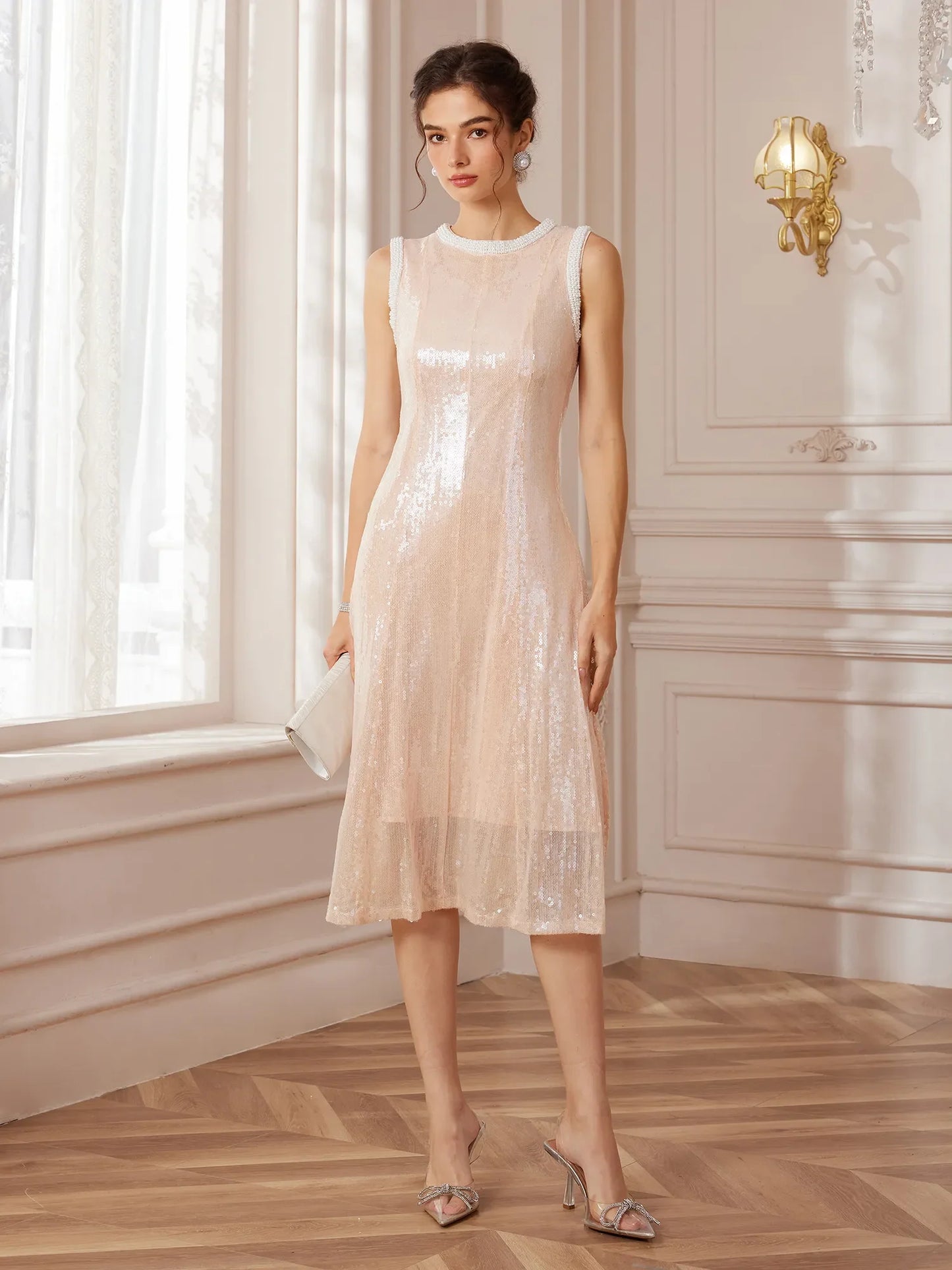 Pearl-Trimmed Round-Neck Corset-Waist Midi Dress