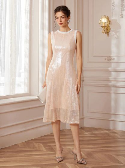 Pearl-Trimmed Round-Neck Corset-Waist Midi Dress