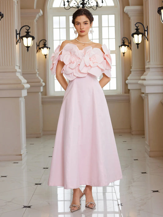 Pink Bloom Off-Shoulder Maxi Dress
