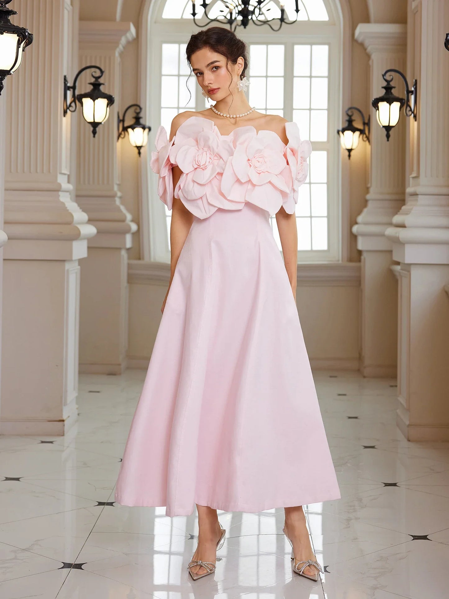Pink Bloom Off-Shoulder Maxi Dress