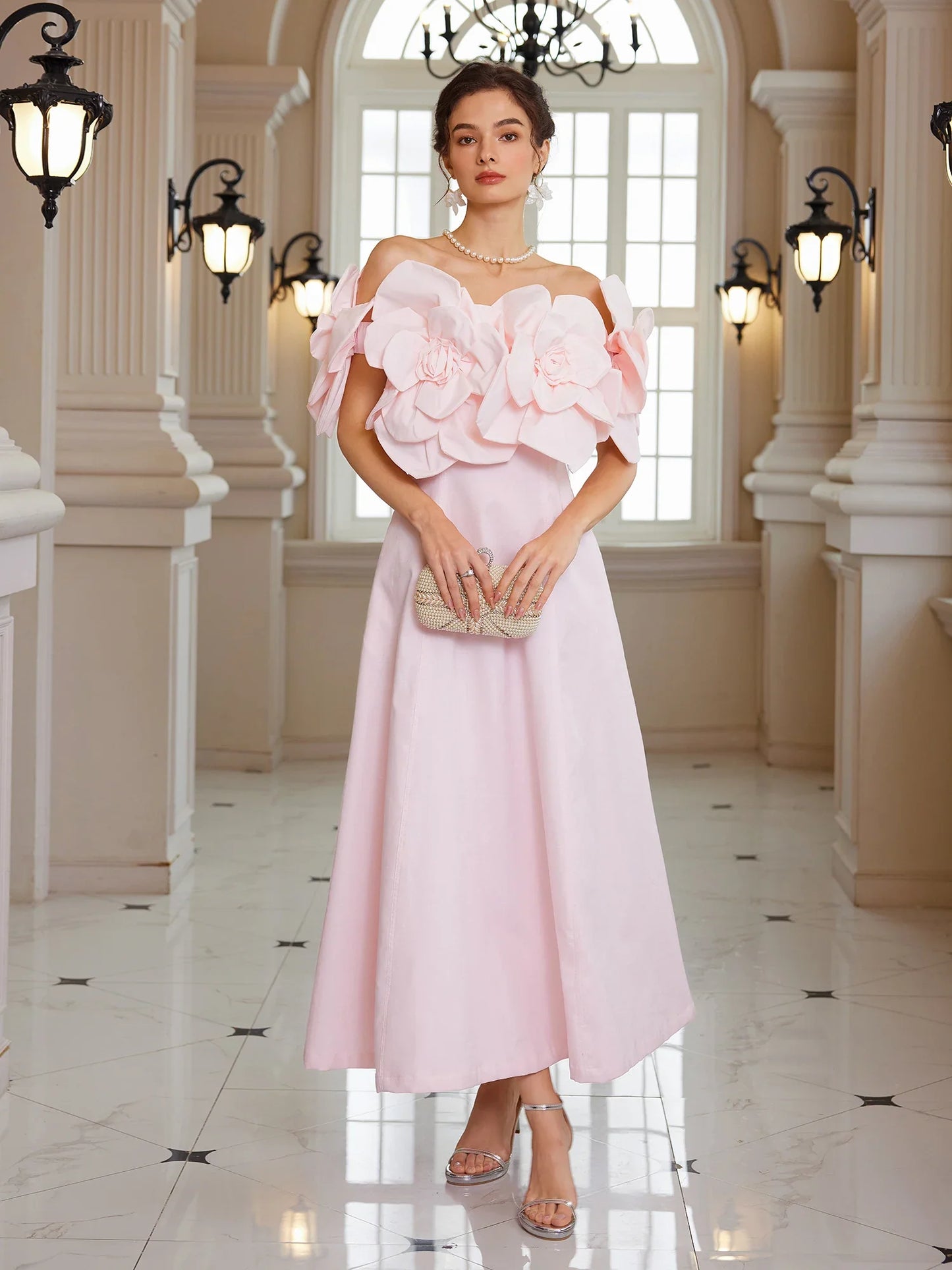 Pink Bloom Off-Shoulder Maxi Dress