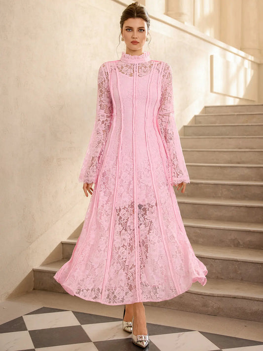 Pink Lace High Neck Flared Sleeve Midi Dress