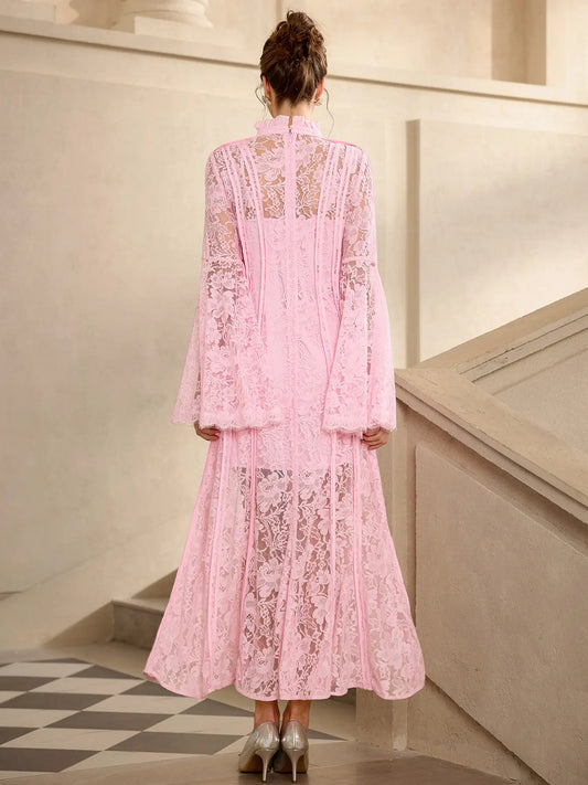 Pink Lace High Neck Flared Sleeve Midi Dress