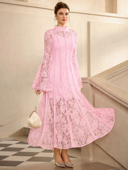 Pink Lace High Neck Flared Sleeve Midi Dress