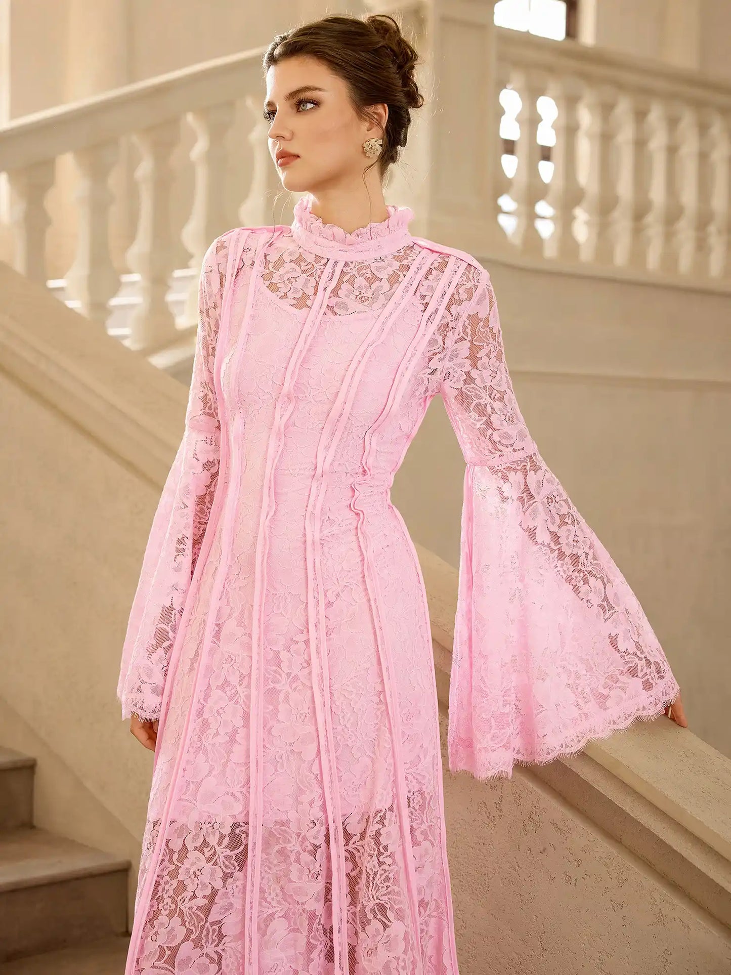 Pink Lace High Neck Flared Sleeve Midi Dress